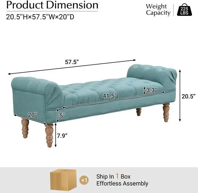 Alt view image 2 of 6 - Button-Tufted End of Bed Bench,Large Upholstered Ottoman,Foot Rest with Legs,Footstool with Rolled Arms,Upholstered Fabric Bench,Indoor Bench for Bedroom,Living Room,Entryway,Dusty Teal
