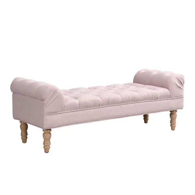 Alt view image 4 of 7 - Button-Tufted End of Bed Bench,Large Upholstered Ottoman,Foot Rest with Legs,Footstool with Rolled Arms,Upholstered Fabric Bench,Indoor Bench for Bedroom,Living Room,Entryway,Pink