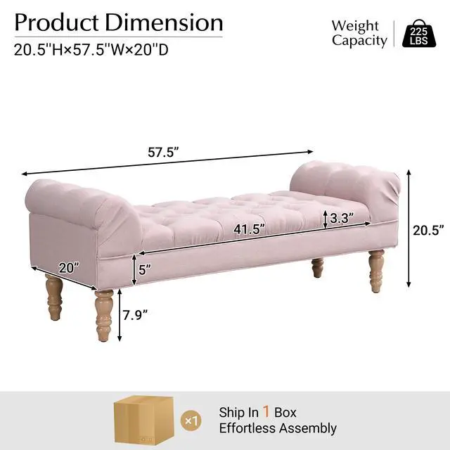 Alt view image 2 of 7 - Button-Tufted End of Bed Bench,Large Upholstered Ottoman,Foot Rest with Legs,Footstool with Rolled Arms,Upholstered Fabric Bench,Indoor Bench for Bedroom,Living Room,Entryway,Pink