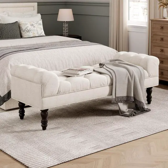 Main image of Button-Tufted End of Bed Bench,Large Upholstered Ottoman,Foot Rest with Legs,Footstool with Rolled Arms,Upholstered Fabric Bench,Indoor Bench for Bedroom,Living Room,Entryway,Beige
