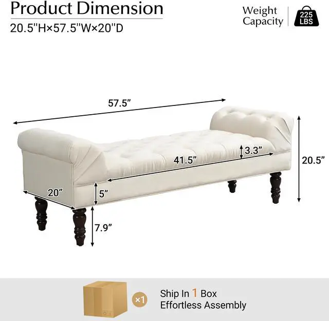 Alt view image 2 of 7 - Button-Tufted End of Bed Bench,Large Upholstered Ottoman,Foot Rest with Legs,Footstool with Rolled Arms,Upholstered Fabric Bench,Indoor Bench for Bedroom,Living Room,Entryway,Beige