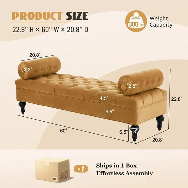 Main image of Modern Bedroom Bench,Bench for End of Bed,Velvet Upholstered Bench with 2 Detachable Pillows,Comfy Upholstered Footstool,Ottoman for Bedroom,Living Room, Entryway,Yellow