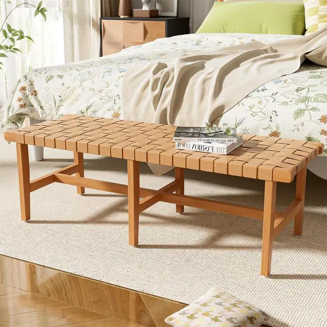 Alt view image 2 of 7 - Stylish Acacia Wood Bedroom Bench with Woven PU Leather Seat