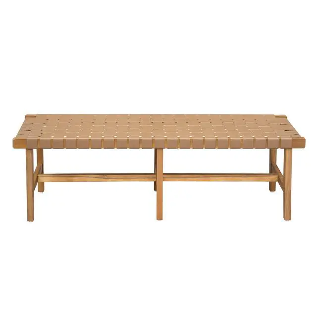 Alt view image 7 of 7 - Stylish Acacia Wood Bedroom Bench with Woven PU Leather Seat
