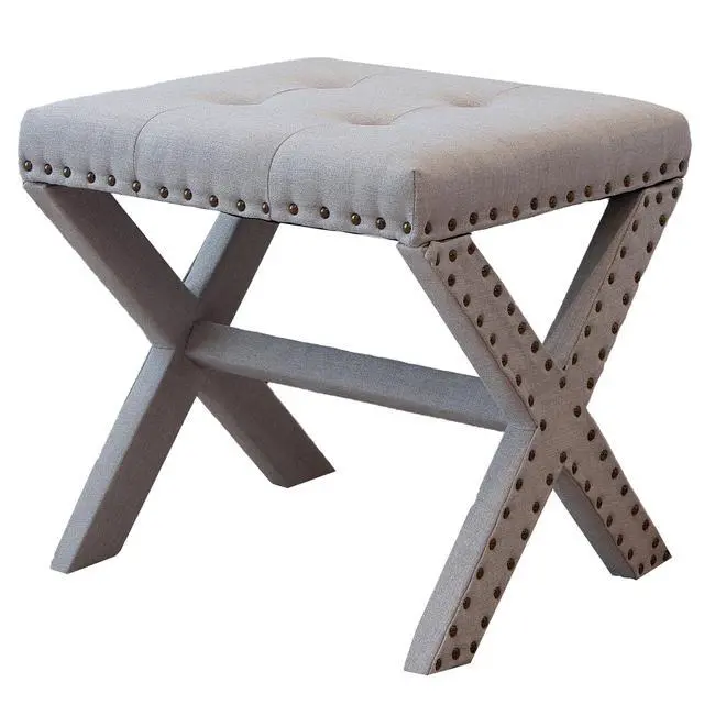 Alt view image 5 of 6 - Accent Stool, Tufted Linen Upholstered Chair, X-Base Wood Seat with Nailhead Trim, 17"D x 19"W x 17"H, 300 lbs Capacity