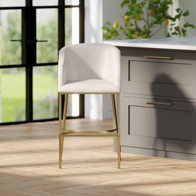 Alt view image 2 of 6 - 31" Modern Bar Stool, White Faux Leather with Gold Steel Frame, 1PC