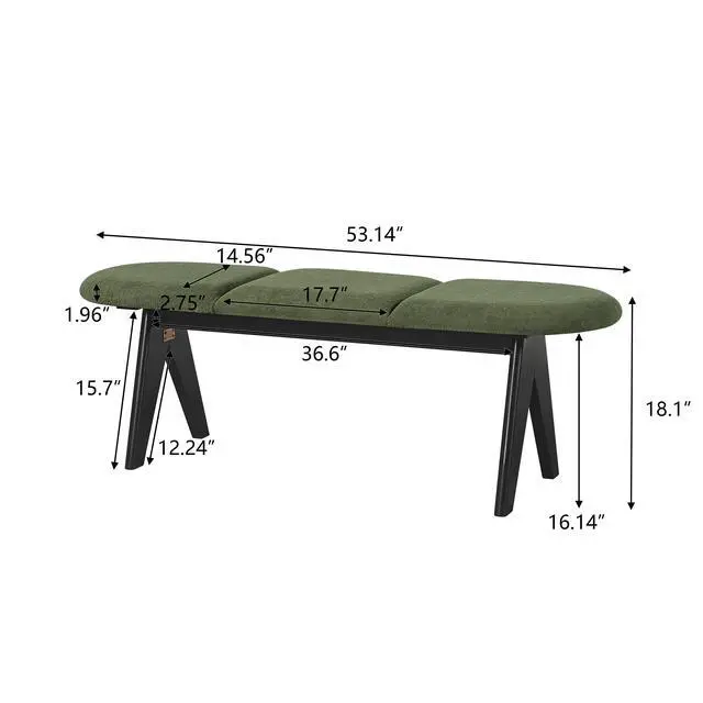 Alt view image 2 of 7 - Upholstered Bench with Black Wood Legs, Green Fabric Seat, Solid & Manufactured Wood Construction, 250 LBS Capacity, 53" Entryway Bench for Living Room & Bedroom