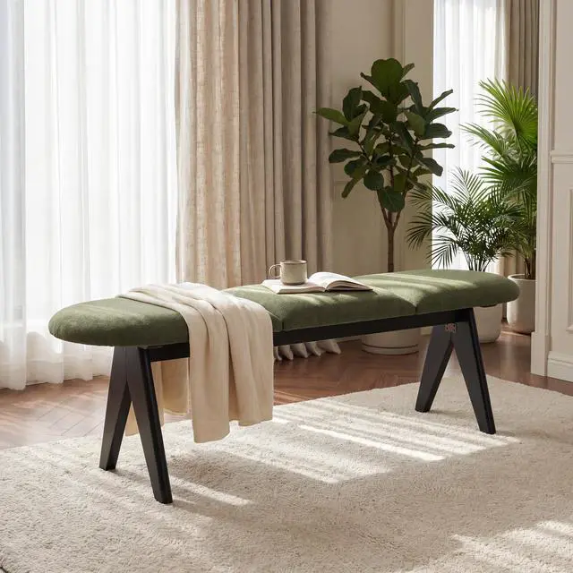 Main image of Upholstered Bench with Black Wood Legs, Green Fabric Seat, Solid & Manufactured Wood Construction, 250 LBS Capacity, 53" Entryway Bench for Living Room & Bedroom