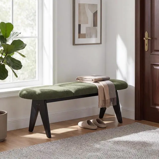 Alt view image 3 of 7 - Upholstered Bench with Black Wood Legs, Green Fabric Seat, Solid & Manufactured Wood Construction, 250 LBS Capacity, 53" Entryway Bench for Living Room & Bedroom