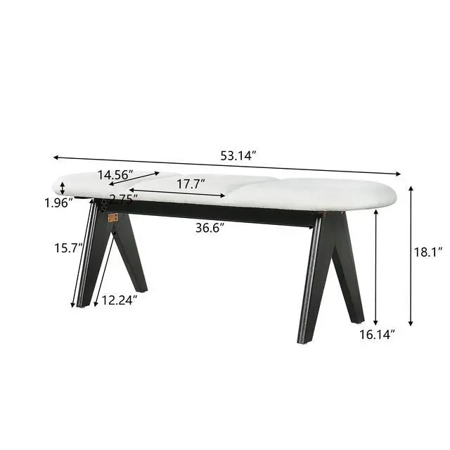 Alt view image 2 of 7 - Upholstered Bench with Black Wood Legs, White Fabric Seat, Solid & Manufactured Wood Construction, 250 LBS Capacity, 53" Entryway Bench for Living Room & Bedroom