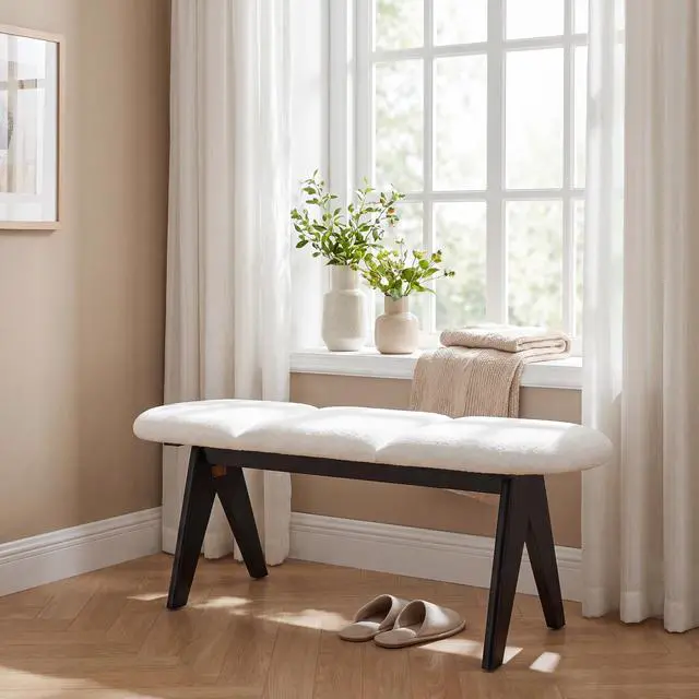 Main image of Upholstered Bench with Black Wood Legs, White Fabric Seat, Solid & Manufactured Wood Construction, 250 LBS Capacity, 53" Entryway Bench for Living Room & Bedroom