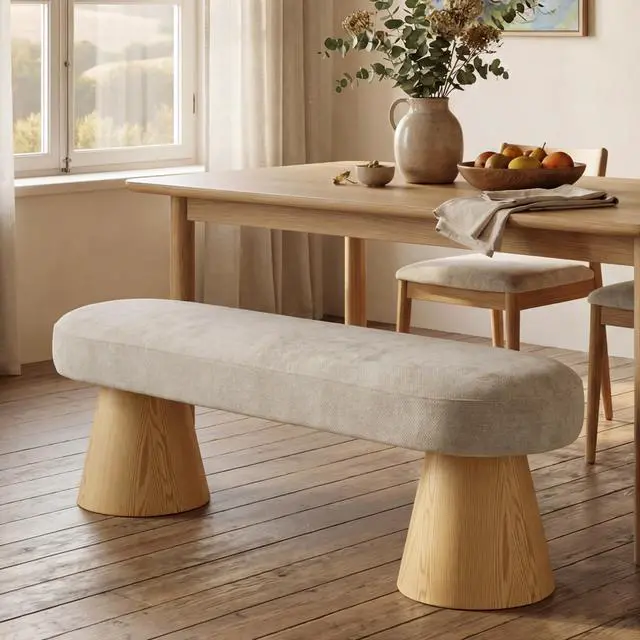 Alt view image 4 of 7 - Dining Bench for Dining Room, Upholstered Bedroom End of Bed Entryway Bench Chenille Ottoman for Living Room, Oatmeal, 300 LBS Weight Capacity