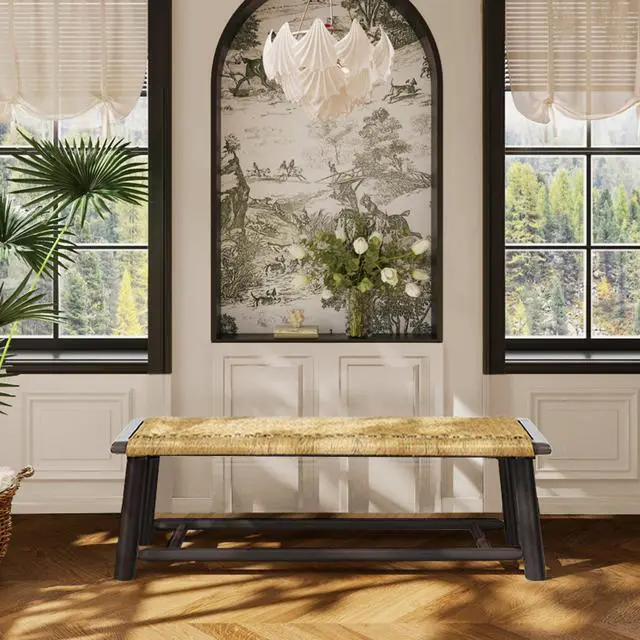 Alt view image 2 of 5 - Farmhouse Modern Solid Wood Rattan Bench - 59 Inch Indoor & Covered Outdoor Bench Walnut Finish Multi-Functional Design