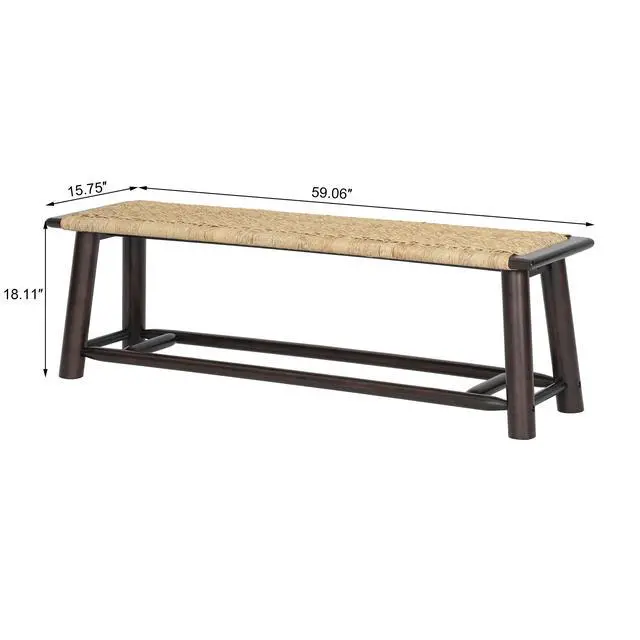 Alt view image 3 of 5 - Farmhouse Modern Solid Wood Rattan Bench - 59 Inch Indoor & Covered Outdoor Bench Walnut Finish Multi-Functional Design