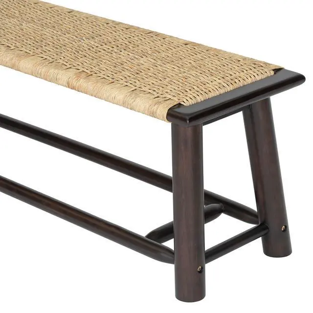 Alt view image 5 of 5 - Farmhouse Modern Solid Wood Rattan Bench - 59 Inch Indoor & Covered Outdoor Bench Walnut Finish Multi-Functional Design