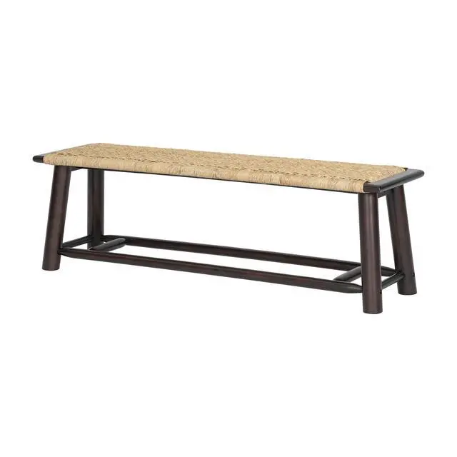 Alt view image 4 of 5 - Farmhouse Modern Solid Wood Rattan Bench - 59 Inch Indoor & Covered Outdoor Bench Walnut Finish Multi-Functional Design