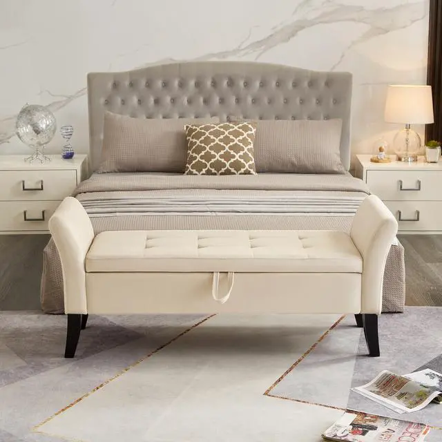 Alt view image 2 of 7 - 51.5" Bed Bench with Storage Beige Velvet