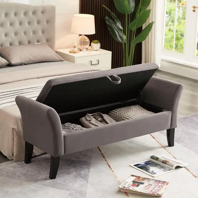 Alt view image 2 of 7 - 51.5" Bed Bench with Storage Grey Velvet