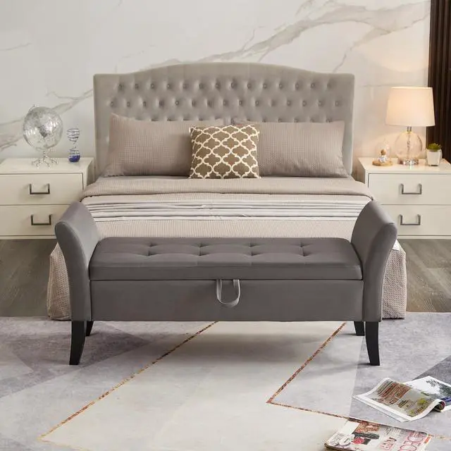 Alt view image 3 of 7 - 51.5" Bed Bench with Storage Grey Velvet