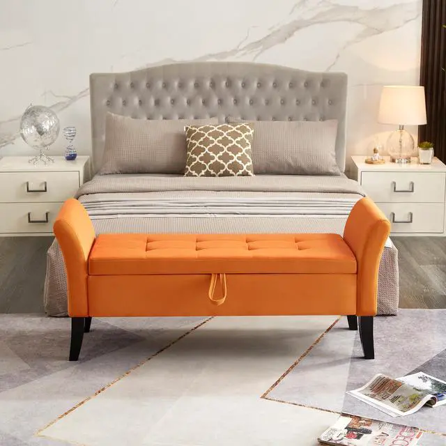 Alt view image 3 of 7 - 51.5" Bed Bench with Storage Orange Velvet