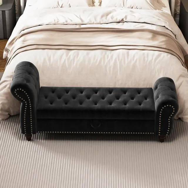 Alt view image 2 of 7 - 64.5" Bed Bench for Bed Room Nails Tufted Chaise of Lounge with Storage Velvet Upholstery Black