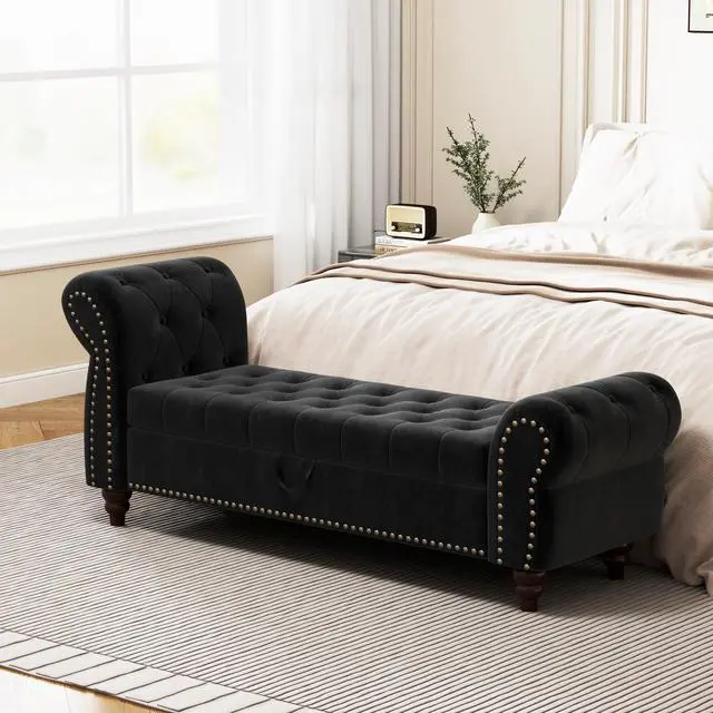 Main image of 64.5" Bed Bench for Bed Room Nails Tufted Chaise of Lounge with Storage Velvet Upholstery Black
