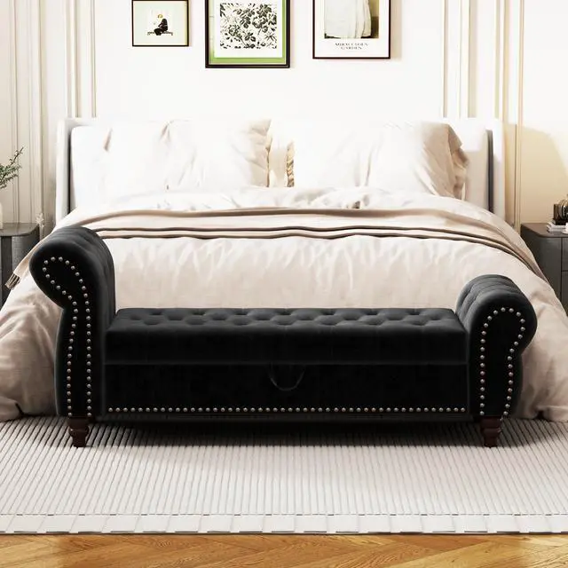 Alt view image 3 of 7 - 64.5" Bed Bench for Bed Room Nails Tufted Chaise of Lounge with Storage Velvet Upholstery Black
