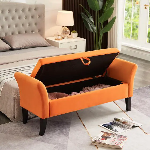 Alt view image 2 of 7 - 51.5" Bed Bench with Storage Orange Velvet