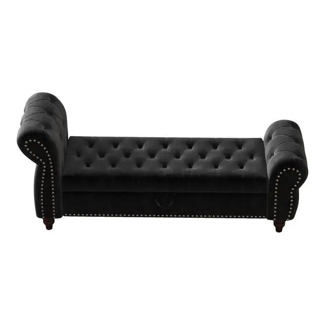 Alt view image 7 of 7 - 64.5" Bed Bench for Bed Room Nails Tufted Chaise of Lounge with Storage Velvet Upholstery Black