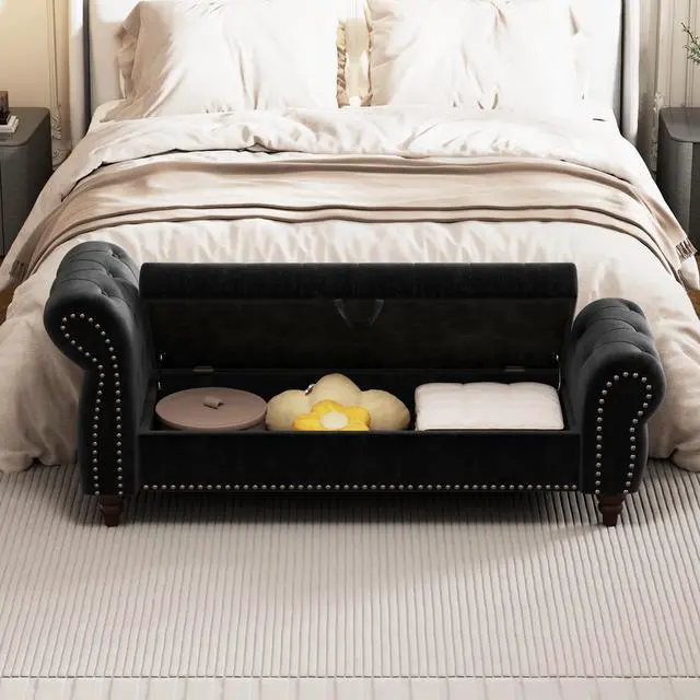 Alt view image 4 of 7 - 64.5" Bed Bench for Bed Room Nails Tufted Chaise of Lounge with Storage Velvet Upholstery Black