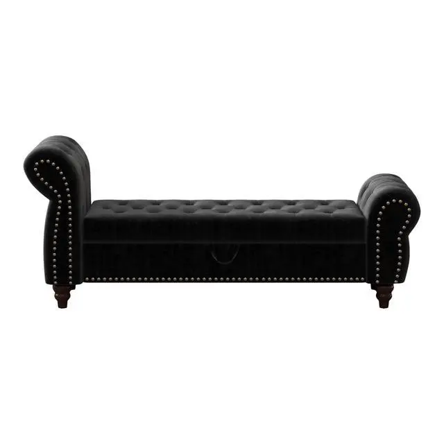 Alt view image 6 of 7 - 64.5" Bed Bench for Bed Room Nails Tufted Chaise of Lounge with Storage Velvet Upholstery Black