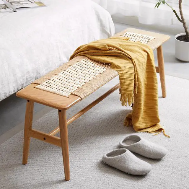 Alt view image 2 of 7 - (1.1M) Woven Design Natural Oak Wood Dining Bench Bed Bench for Dining Room, Bedroom, Living Room
