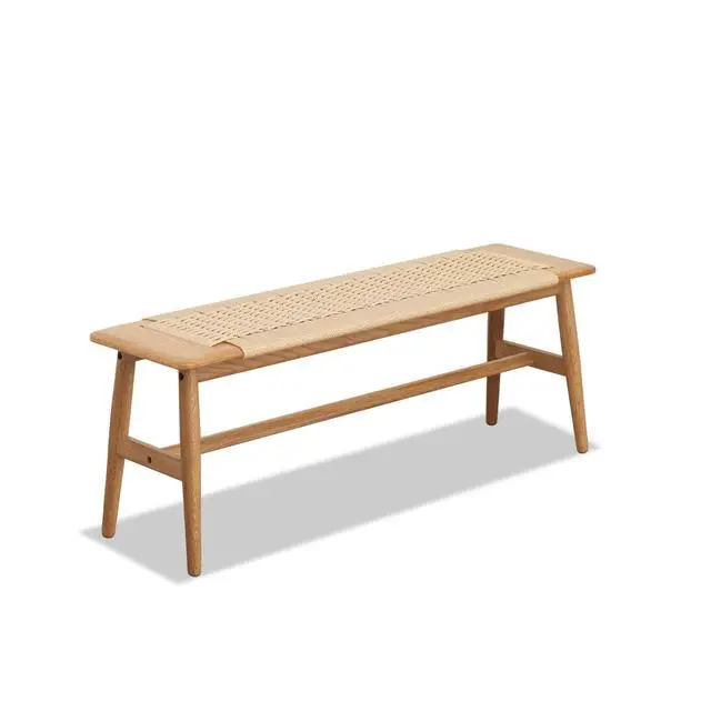 Alt view image 4 of 7 - (1.1M) Woven Design Natural Oak Wood Dining Bench Bed Bench for Dining Room, Bedroom, Living Room