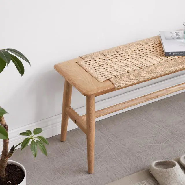 Alt view image 3 of 7 - (1.1M) Woven Design Natural Oak Wood Dining Bench Bed Bench for Dining Room, Bedroom, Living Room