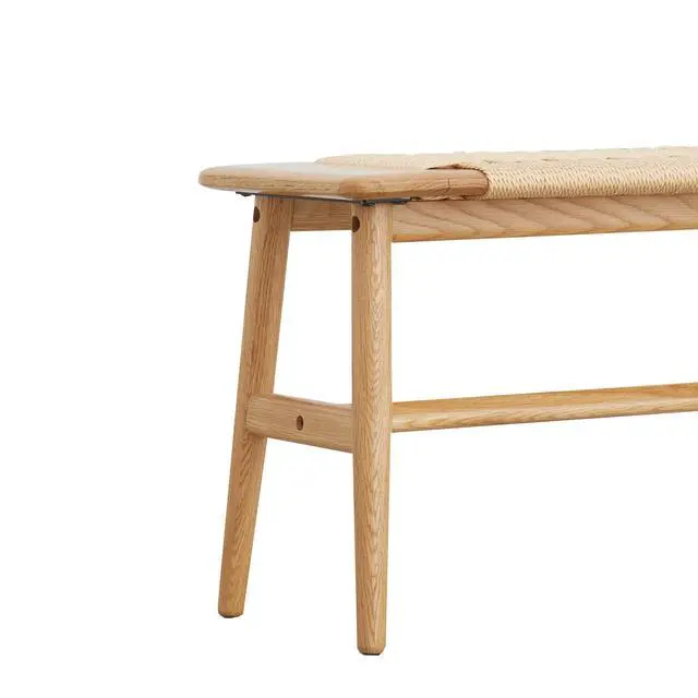 Alt view image 7 of 7 - (1.1M) Woven Design Natural Oak Wood Dining Bench Bed Bench for Dining Room, Bedroom, Living Room