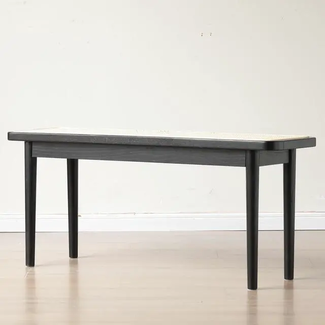 Alt view image 2 of 7 - Modern Style Black Color Solid Oak Wood Dining Bench with Rattan Detail, Modern Bench for Bedroom End of Bed, Entryway Bench, Rattan Bench for Living Room (47.24" W x11.02 D x 16.93" H)