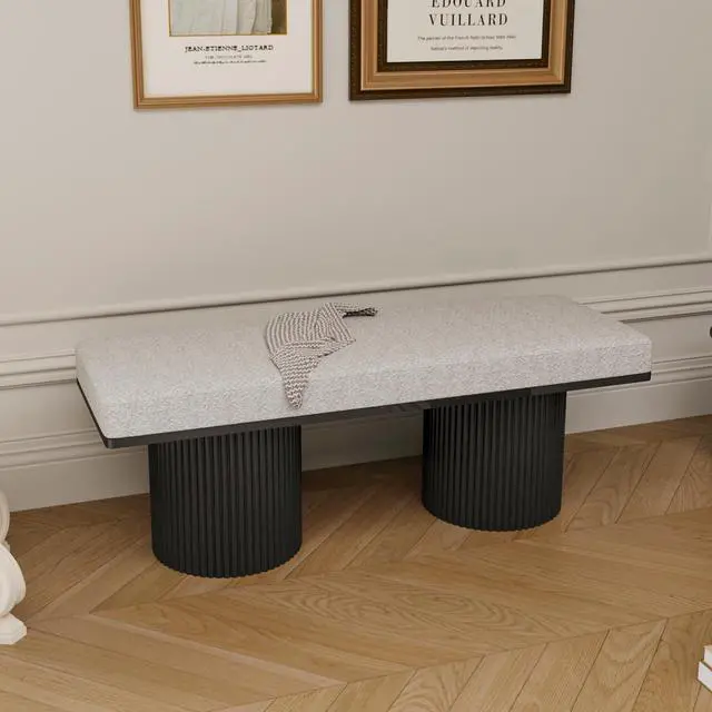 Main image of Upholstered Bench with Black Chunky Legs Light Grey Boucle Fabric Contemporary Style Bed-end Bench for Bedroom Living Room