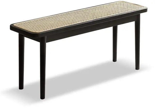 Main image of Modern Style Black Color Solid Oak Wood Dining Bench with Rattan Detail, Modern Bench for Bedroom End of Bed, Entryway Bench, Rattan Bench for Living Room (47.24" W x11.02 D x 16.93" H)