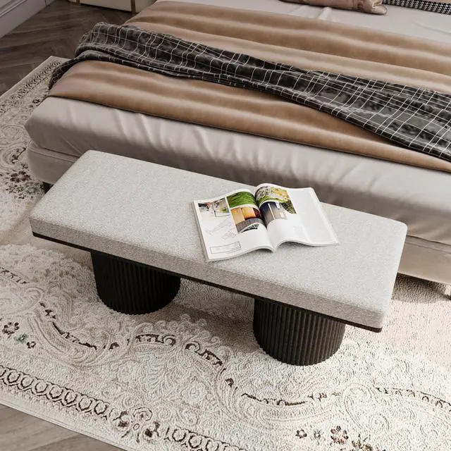 Alt view image 2 of 7 - Upholstered Bench with Black Chunky Legs Light Grey Boucle Fabric Contemporary Style Bed-end Bench for Bedroom Living Room