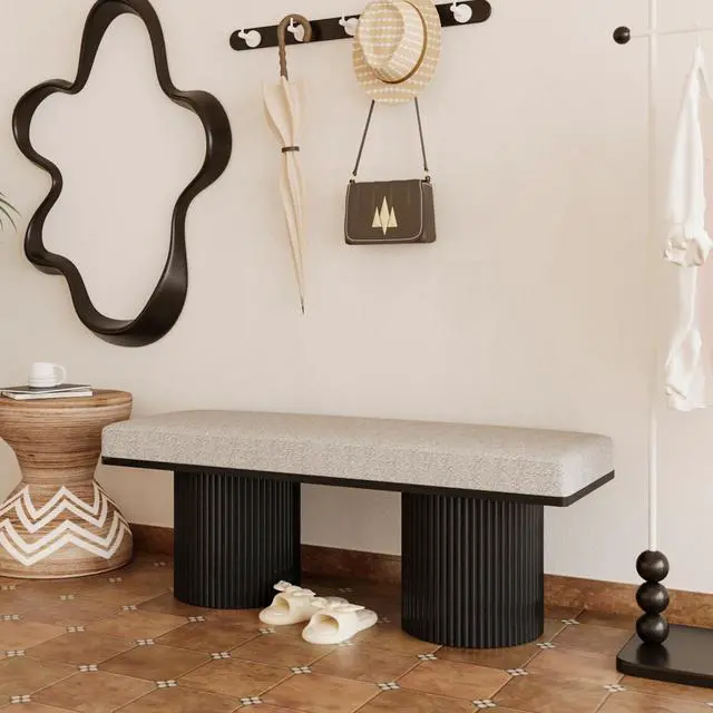 Alt view image 3 of 7 - Upholstered Bench with Black Chunky Legs Light Grey Boucle Fabric Contemporary Style Bed-end Bench for Bedroom Living Room