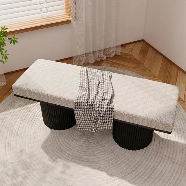 Alt view image 4 of 7 - Upholstered Bench with Black Chunky Legs Light Grey Boucle Fabric Contemporary Style Bed-end Bench for Bedroom Living Room