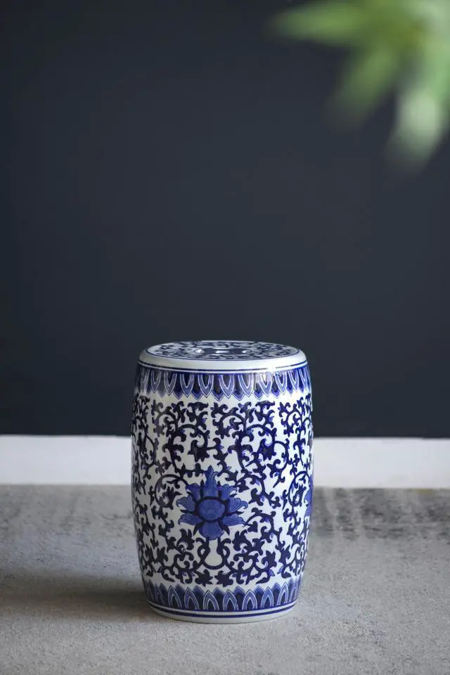 Main image of Ceramic Garden Stool, Blue and White Small Side Tabel, D11" x 16"