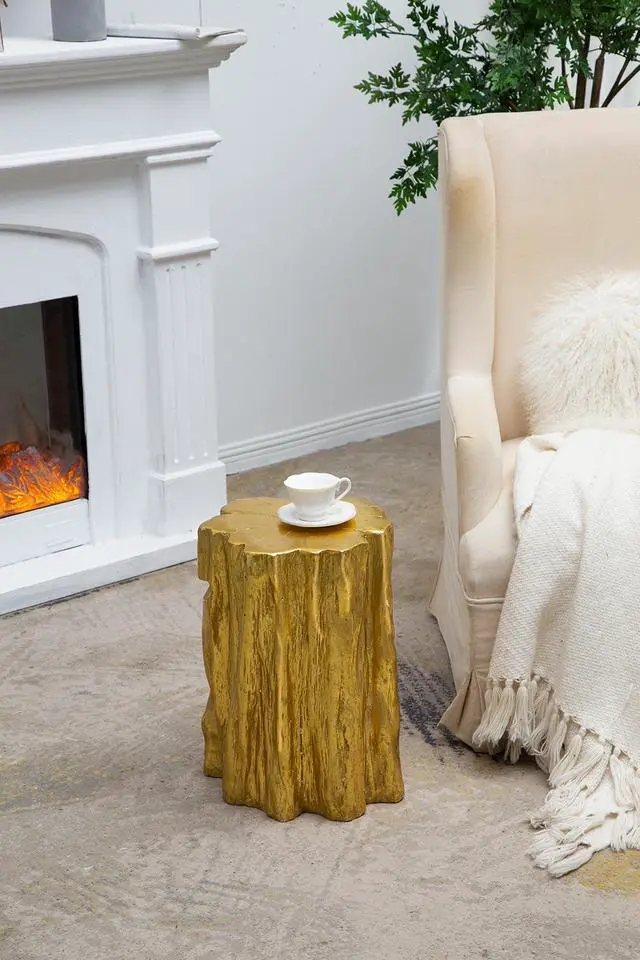 Alt view image 4 of 6 - 13.5x13x20" Unique Golden Tree Trunk Stool, Antique Gold Distressed Accent Side Table