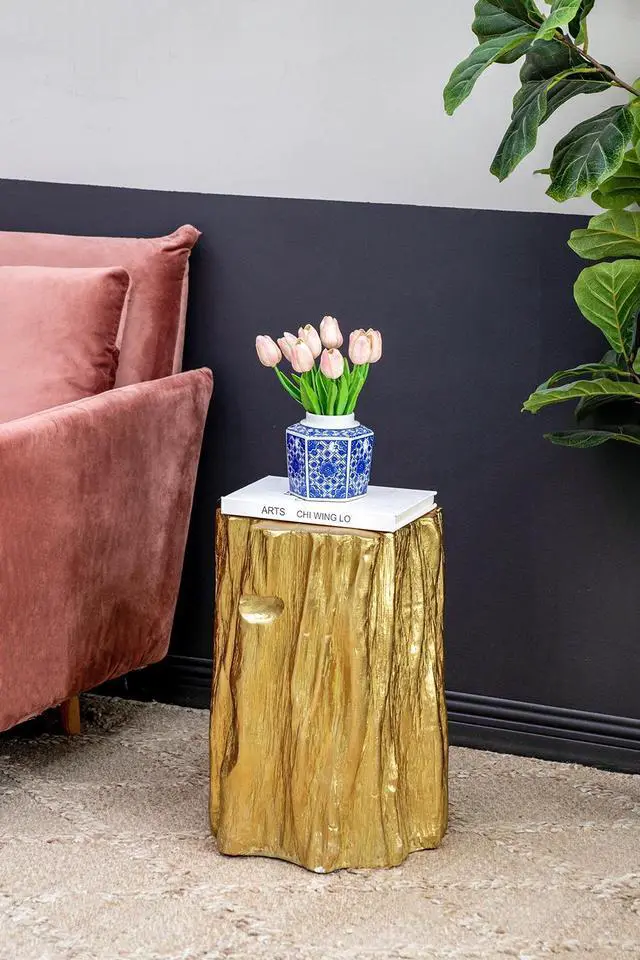 Alt view image 5 of 6 - 13.5x13x20" Unique Golden Tree Trunk Stool, Antique Gold Distressed Accent Side Table