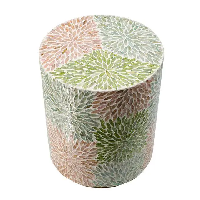 Alt view image 3 of 7 - D14x18" Cylindrical Garden Capiz Stool, Accent Side Table, Green/Pink