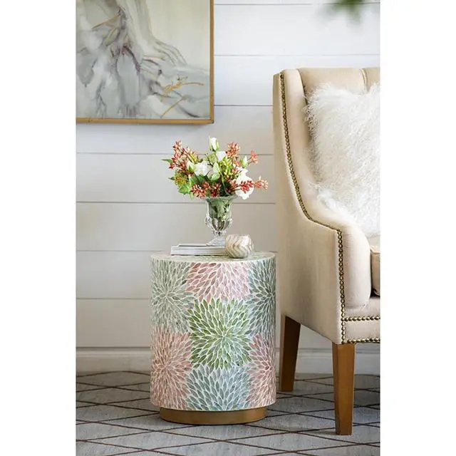Alt view image 4 of 7 - D14x18" Cylindrical Garden Capiz Stool, Accent Side Table, Green/Pink