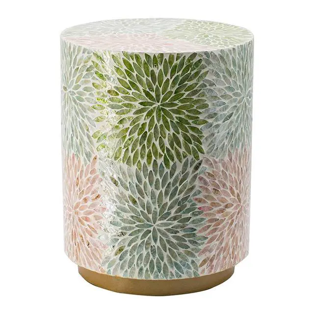 Alt view image 2 of 7 - D14x18" Cylindrical Garden Capiz Stool, Accent Side Table, Green/Pink