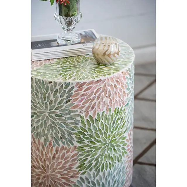 Alt view image 6 of 7 - D14x18" Cylindrical Garden Capiz Stool, Accent Side Table, Green/Pink