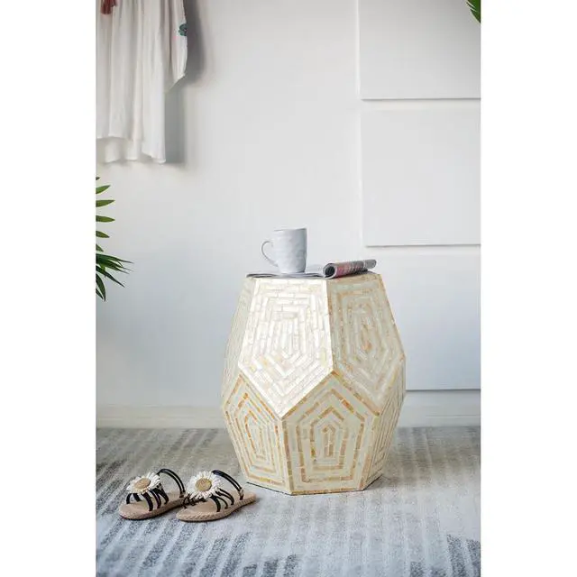 Alt view image 6 of 7 - 18x18x21" Hexagonal Capes Capiz Stool, Cream/Yellow