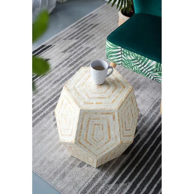 Alt view image 7 of 7 - 18x18x21" Hexagonal Capes Capiz Stool, Cream/Yellow